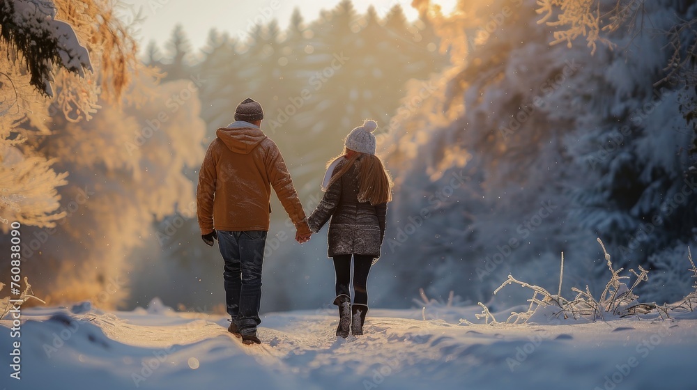 Two People Walking in the Snow Holding Hands