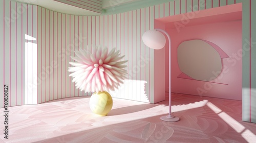 a pink and white room with a vase with a flower in it and a mirror in the corner of the room. photo