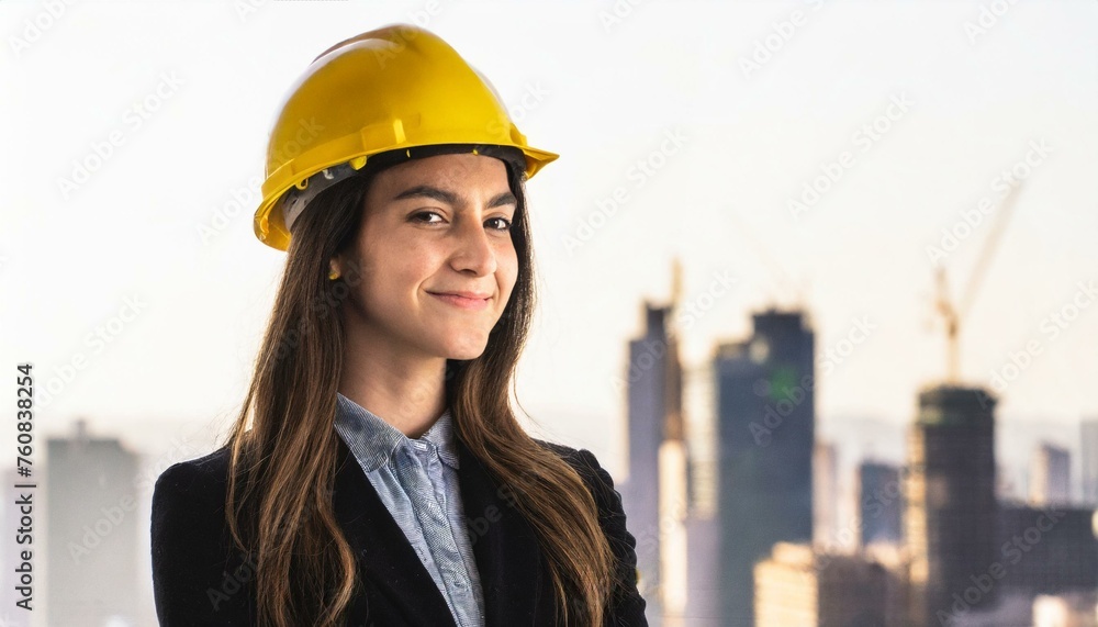 Portrait of a young construction worker woman with safety helmet letting see city buildings under construction on white background with copy space Portrait of a young construction worker woman with safety helmet letting see city buildings under construction on white background with copy space