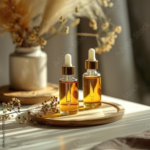 a couple of bottles of oil sitting on top of a wooden tray next to a vase with flowers in it. photo