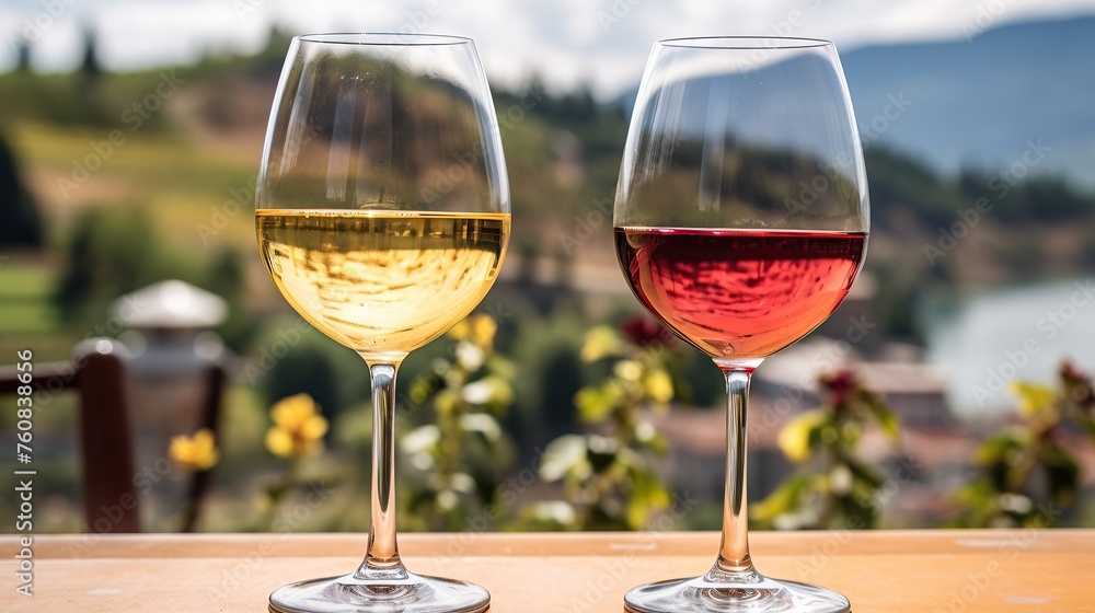 Two glasses of white wine on a terrace in Tuscany,