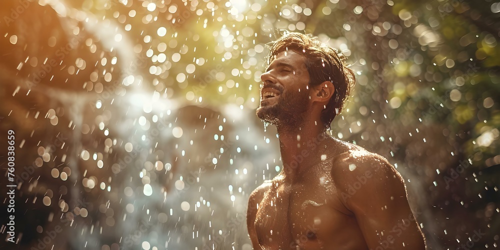 Obraz premium Man rinses off under a refreshing waterfall after a workout session outdoors . Concept Outdoor Activities, Exercise Recovery, Refreshing Waterfall, Natural Wellness, Rejuvenation