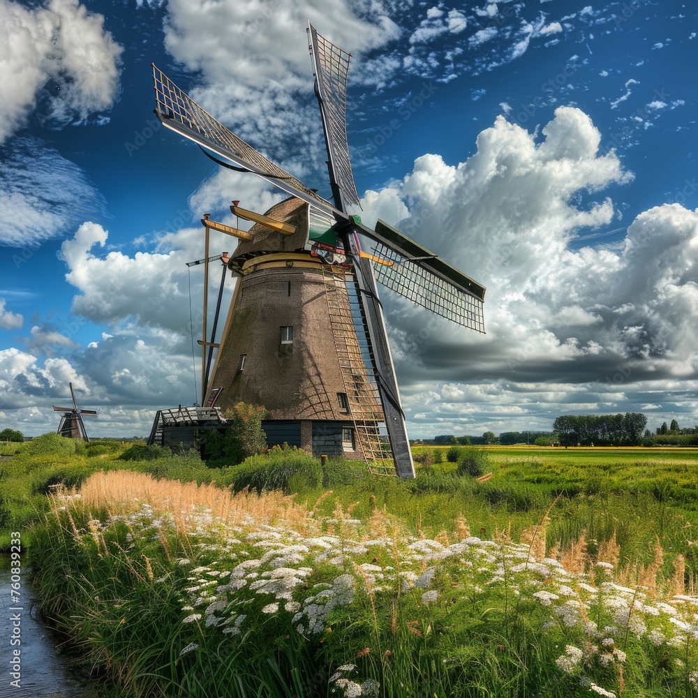Fototapeta premium Old Windmill in Summer, Holland, Netherlands Wind Mill, Windmill with Copy Space