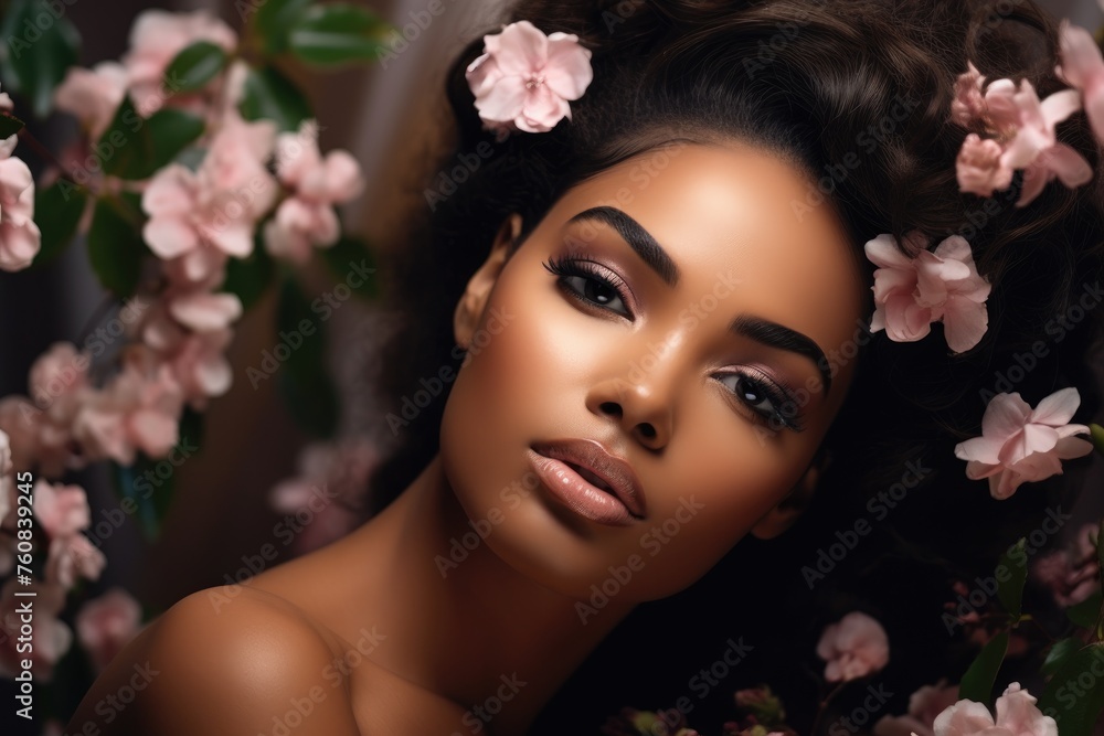 Black beauty model with perfect makeup face portrait, closeup view. Relaxation spa horizontal banner