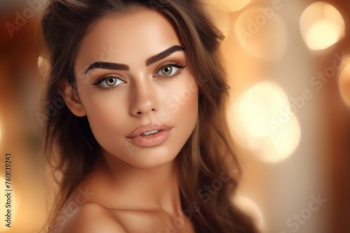 Beauty model face portrait of a european woman with perfect make-up and clear skin  blurred golden background