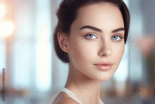 Beauty woman face portrait, close-up front view. White american skincare model look at camera