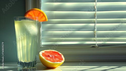 a half of a grapefruit and half of a grapefruit in a glass next to a window. photo