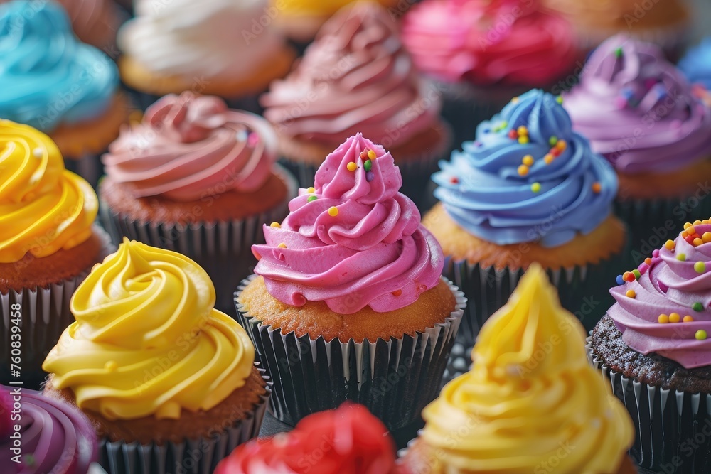 Many different colored delicious cupcakes