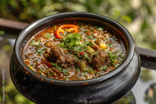 Nihari gosht or Indian beef stew in black bowl