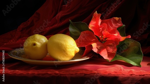 a plate of lemons and a poinsetti on a red table cloth with a red flower in the background. photo