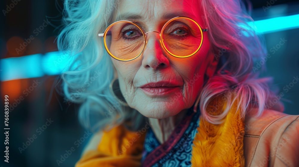 Stylish Older Woman in Yellow Glasses and Jacket Stylish Older Woman in Yellow Glasses and Jacket
