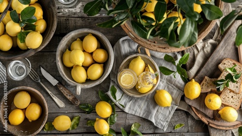 a table topped with bowls of lemons next to a basket of lemons and a glass of lemonade.