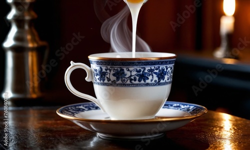 Creamy tea cascades into an ornate cup, the steam weaving through the scene, hinting at a fresh brew. The cup's blue patterns stand out against the dark, moody background.