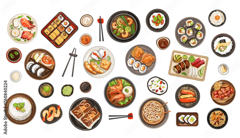 Asian food top view. Isolated cartoon different east cuisine meals. Noodle, soup and sushi, vegan and dish with meat, seafood and rice. Vector set Asian food top view. Isolated cartoon different east cuisine meals. Noodle, soup and sushi, vegan and dish with meat, seafood and rice. Vector set