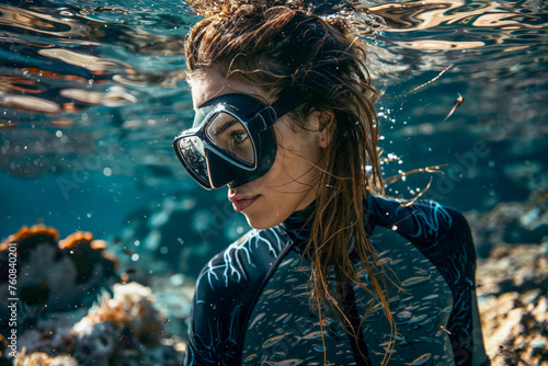 Portrait of a Woman in diving suit and wearing diving gear is swimming in the open ocean (ID: 760840201)