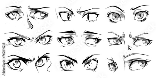 Anime style emotional sight. Comic eyes, angry, happy, surprise emotions. Cartoon japanese asian comics characters, vector set