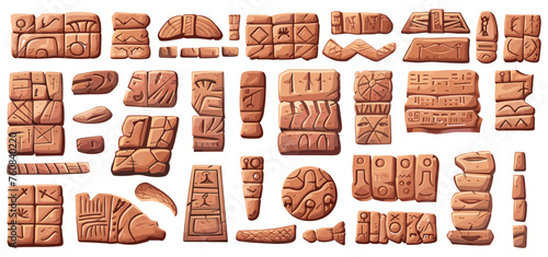 Abstract cuneiform stone plates. Isolated akkadian sumerian or assyrian writing on stones. Clay sheets with ancient scripts, vector cartoon set photo