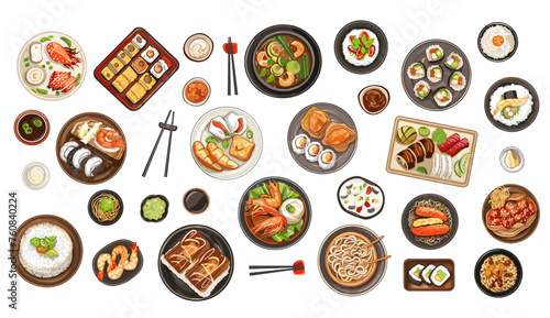 Asian food top view. Isolated cartoon different east cuisine meals. Noodle, soup and sushi, vegan and dish with meat, seafood and rice. Vector set