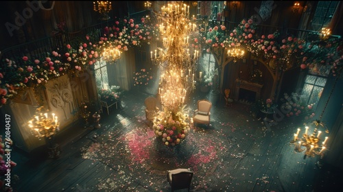 a room filled with lots of flowers and a chandelier hanging from the ceiling and a chair in the middle of the room.