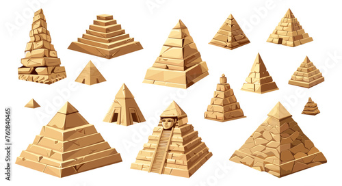 Egyptian pyramids. Isolated cartoon ancient pyramid. Egypt or maya symbols, popular sights for tourist and archeology. Tomb of the pharaohs vector set