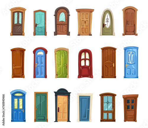 Different cartoon doors. Isolated door entry, architecture decorative elements for houses and buildings. Colorful outdoor interior design, vector collection