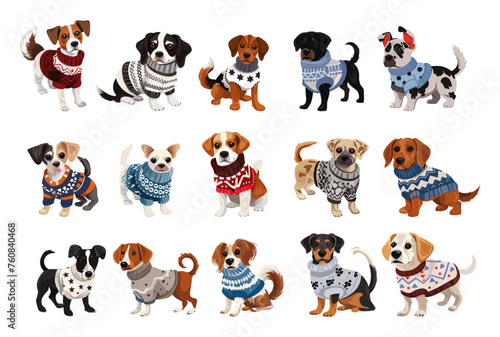 Different dogs breeds wear sweaters. Puppy in knitted sweater. Isolated cartoon dog, funny wearing pets. Cute puppies vector collection