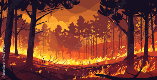 Forest fire illustration. Natural disaster, wild flame destroys nature. Fires spreads, trees and dry grass burn, vector landscape