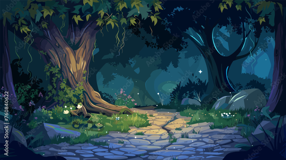 Fototapeta premium Magic dark forest at night. Lights, tree and flowers, stone road. Fairy tale, magical location for adventure or fantasy travel, vector cartoon illustration