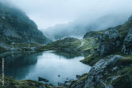 Lone person at the lake in the foggy  mountains (ID: 760840620)
