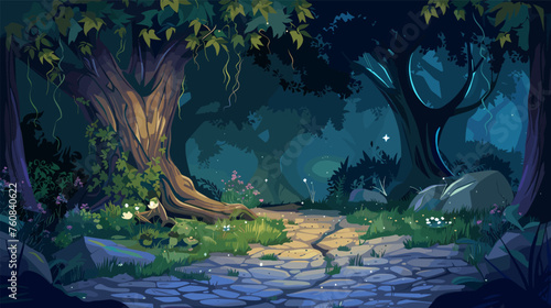 Magic dark forest at night. Lights, tree and flowers, stone road. Fairy tale, magical location for adventure or fantasy travel, vector cartoon illustration © MicroOne