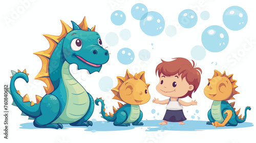 A friendly dragon blowing bubbles with a group of c