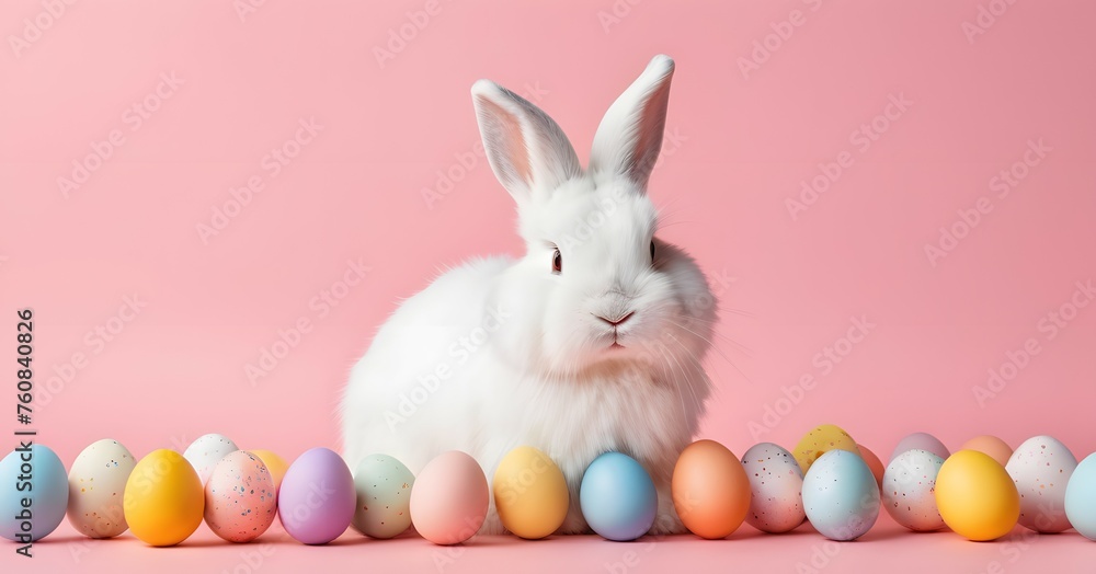 White fluffy bunny with Easter colorful eggs on a pink background White fluffy bunny with Easter colorful eggs on a pink background