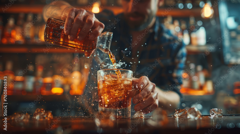 Bartender pouring whiskey in bar Bartender pouring whiskey in bar