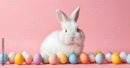 White fluffy bunny with Easter colorful eggs on a pink background