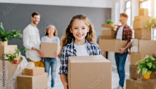 cardboard boxes and blurred happy family on background. Concept of mortgage, real estate and home loan. Moving day