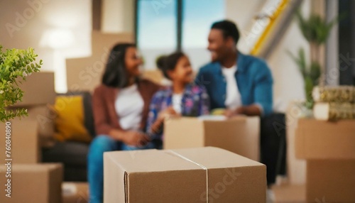 cardboard boxes and blurred happy family on background. Concept of mortgage, real estate and home loan. Moving day