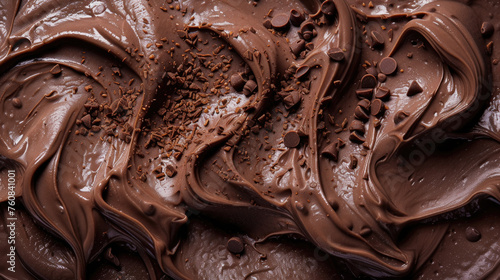 Close up of Delicious Melted Chocolate Cream Detail Texture Background. Macro Top View of Thick Chocolate Mousse or Creamy Pudding Swirl Surface Backdrop. Yummy Sweet Dessert Wallpaper 
