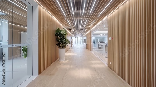 Contemporary clinic hallway with sleek design and professional ambiance for a modern medical setting © Ilja
