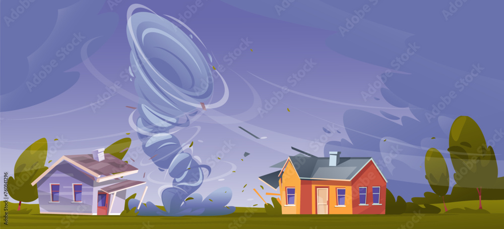 Tornado destroys houses. Natural catastrophe. Strong disaster. Destructive swirling wind. Force majeure circumstances. Dangerous hurricane vortex. Countryside landscape. Vector concept
