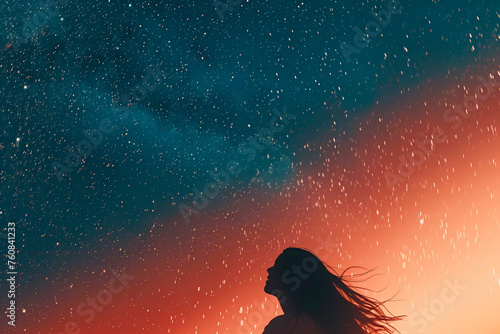 Illustration of The Meaning of life. Under the vast cosmic canvas, a person sits in silent wonder, contemplating the stars above, seeking the profound tranquility and understanding