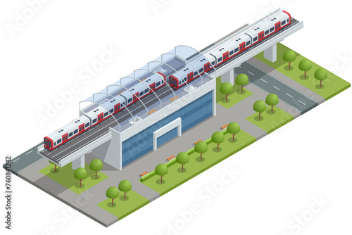 Isometric Subway City Train, Sky Train Road. Sky Train Station. Modern City Public Transport
