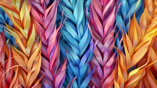 Colorful barley in the style of paper art, top view close up. Multicolored leaves