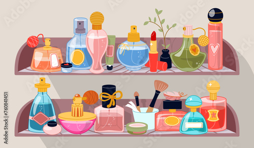 Perfume shelves. Bottles with toilet water. Perfumery fragrance. Beauty products jars. Cosmetics aromatic sprays. Different glass flasks. Luxury flacons on shelf. Recent vector concept