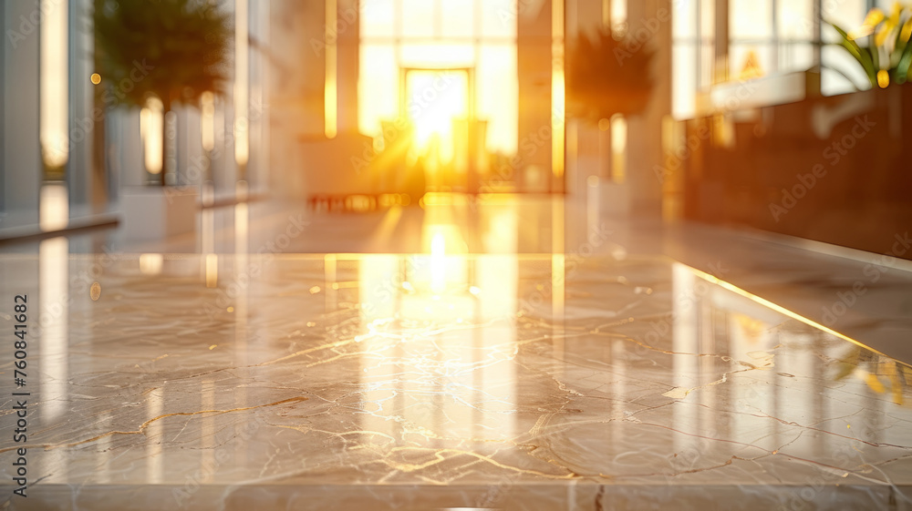 Sun rays in modern building lobby.