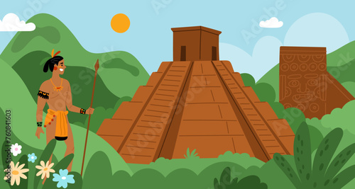 Maya civilization landscape. Aztecs and Incas ancient architecture. Village with pyramid temple. South American people. Antique Indian culture. Warrior with spear. Garish vector concept
