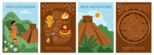 Maya civilization cards. Ancient culture. Aztecs or Incas traditions. Occult architecture. Applied arts. Mexican archaeological finds. Sacrifice temple. Indian warrior. Garish vector set