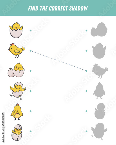 Find correct shadow of cartoon chicken. Easter Educational logical game for kids. Funny birds. Vector illustration