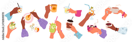 Ladies hands holding drinks. Beverages in glass or ceramic cup. Cold soda can. Tea mug in male fingers. Fresh lemonade. Takeaway coffee. Female arms top and side view. Garish vector set