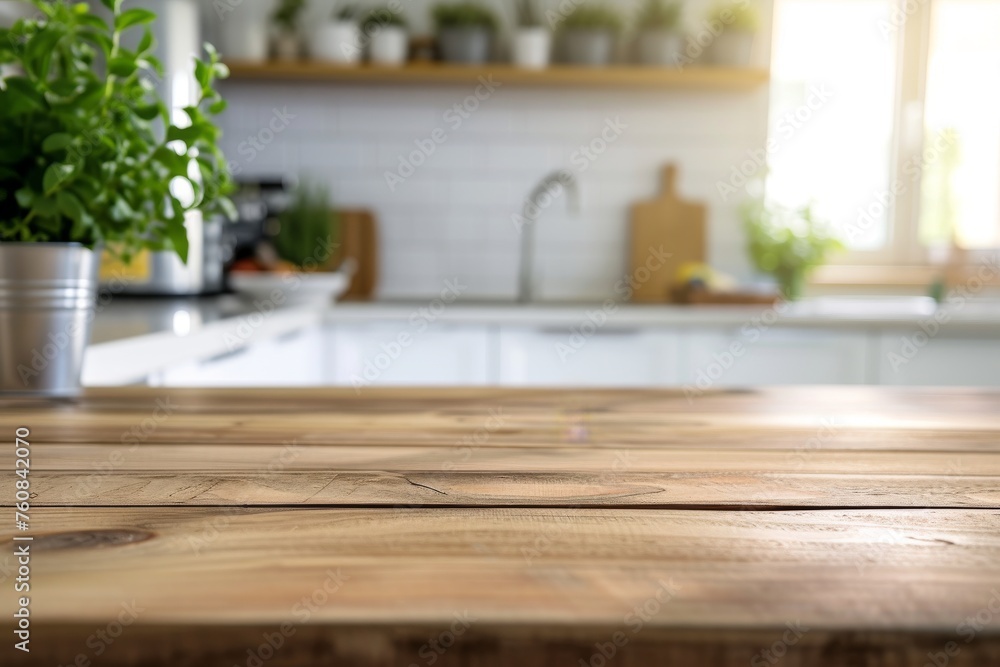Wooden table top with copy space for product advertising over blurred white kitchen background at home with window and golden sunlight Wooden table top with copy space for product advertising over blurred white kitchen background at home with window and golden sunlight
