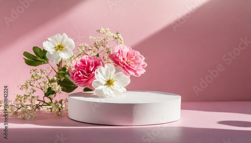  Round podium platform stand for beauty product presentation and beautiful flowers on pink background. with shadows